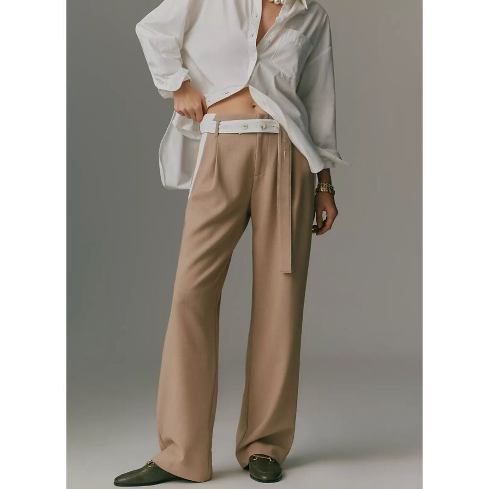 ANTHROPOLOGIE Maeve Tapered High-Rise Belt Trousers Tan 8P NEW NWT